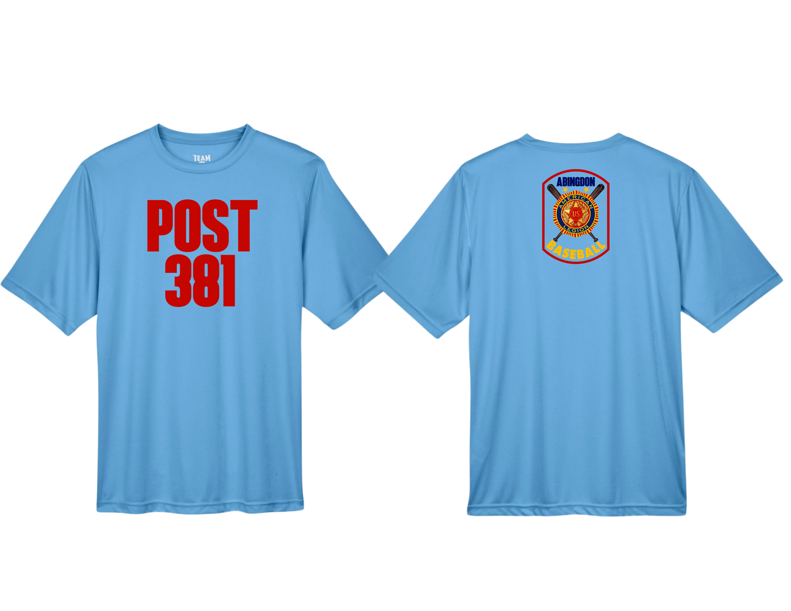 Post 381 design on Baby Blue Drifit T-Shirt