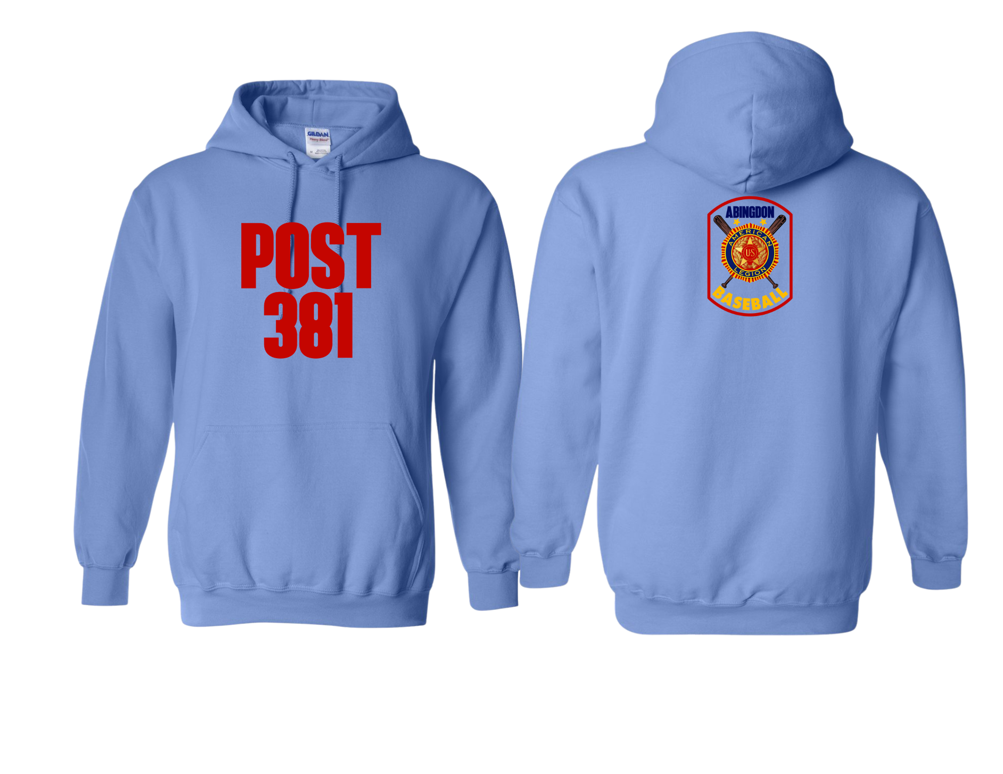 Post 381 design on Baby Blue 50/50 Cotton/Poly Hoodie