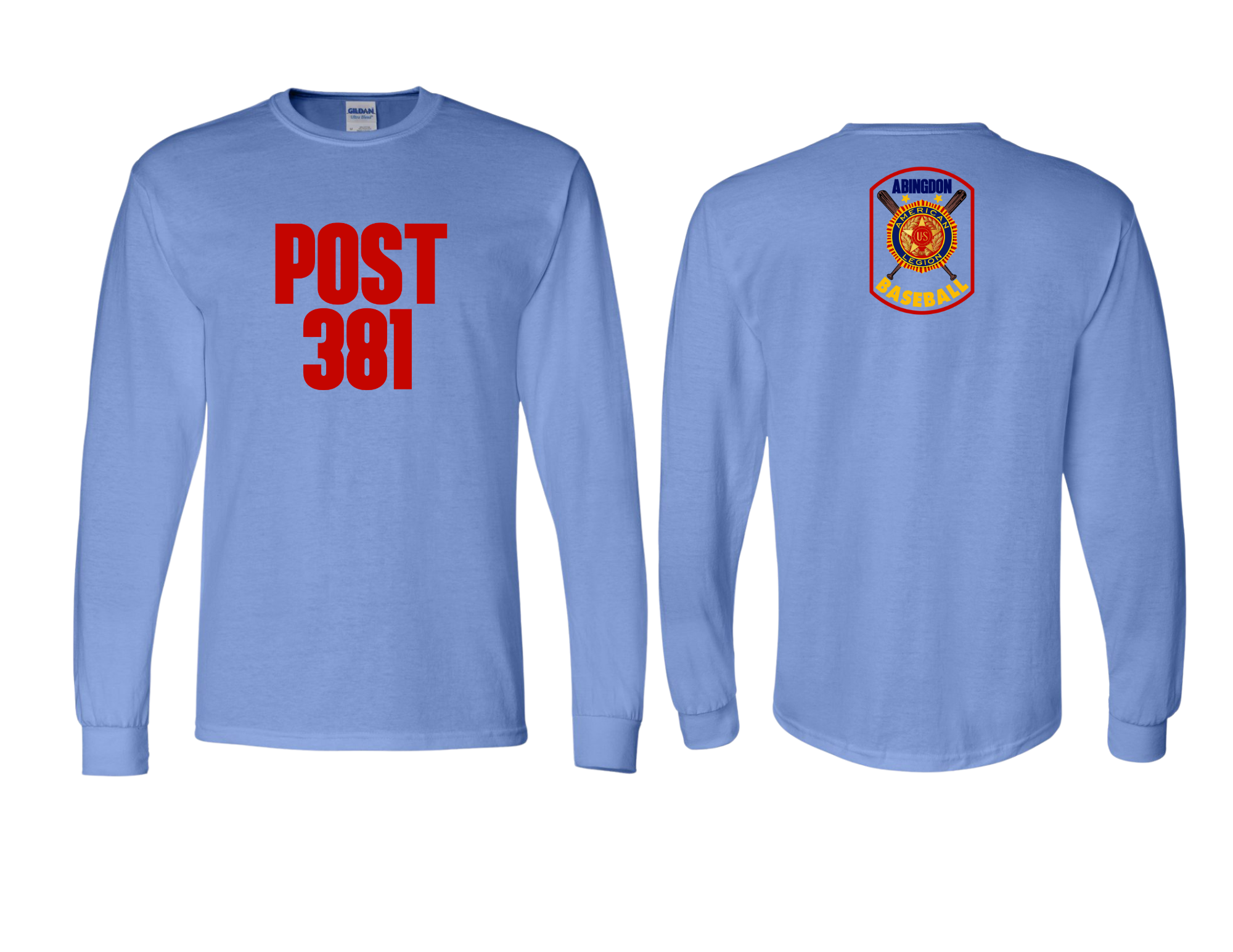 Post 381 design on Baby Blue 50/50 Cotton/Poly Long Sleeve T-Shirt