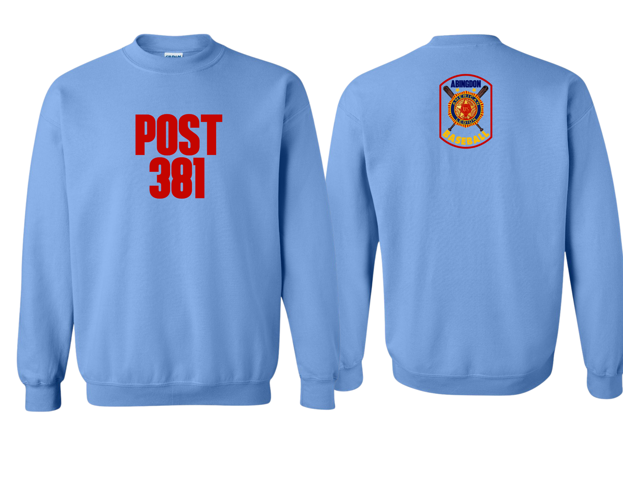 Post 381 design on Baby Blue 50/50 Cotton/Poly Crewneck